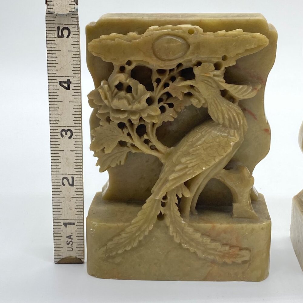 Vintage Pair of Hand-Carved Green Soapstone Bookends Phoenix Bird Lotus Flower - Picture 16 of 16